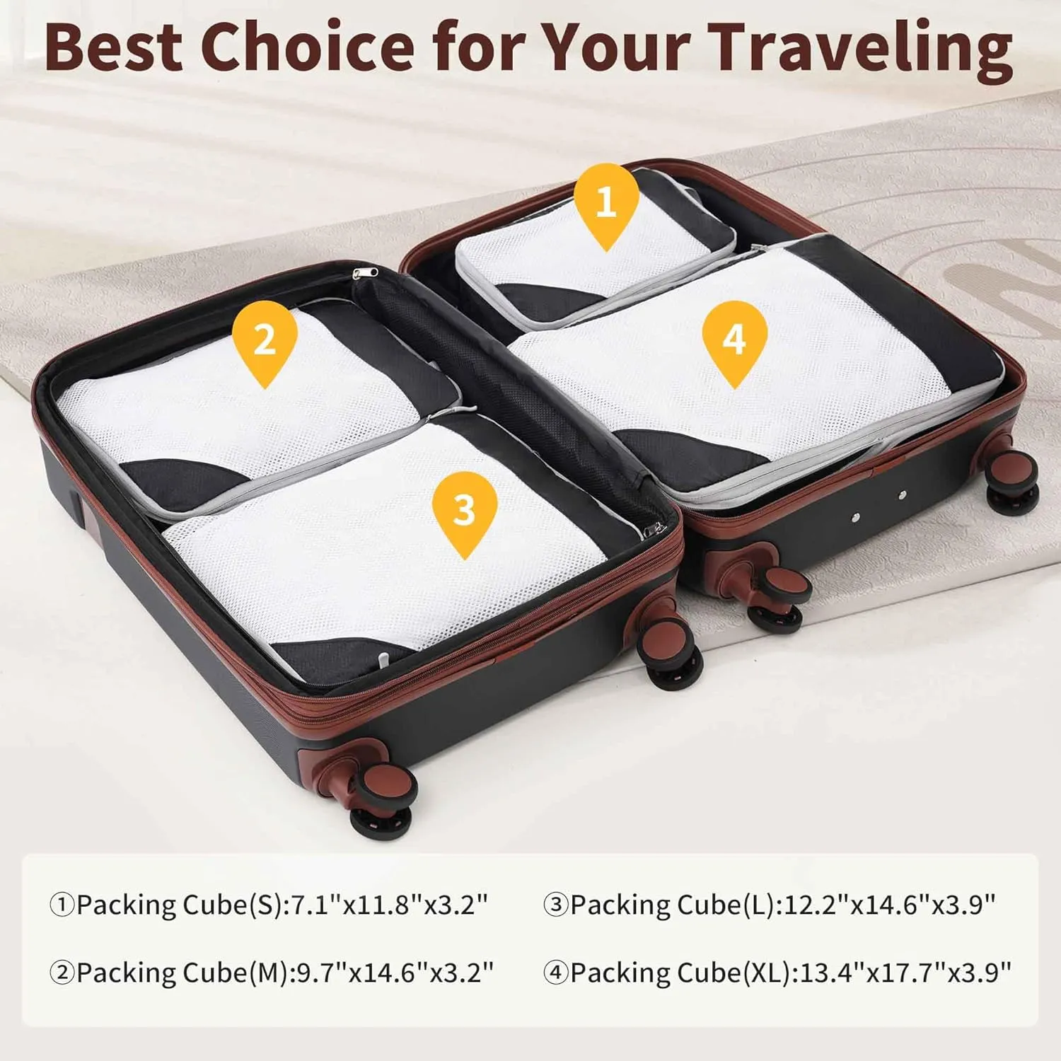 4-Piece Expandable Luggage Set with Compression Packing Cubes - 16" 20" 24" 28" Lightweight ABS Suitcases w/TSA Lock, 360 Spinner Wheels, Family Travel Luggage Set (Brown Black)