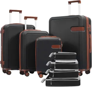 4-Piece Expandable Luggage Set with Compression Packing Cubes - 16" 20" 24" 28" Lightweight ABS Suitcases w/TSA Lock, 360 Spinner Wheels, Family Travel Luggage Set (Brown Black)