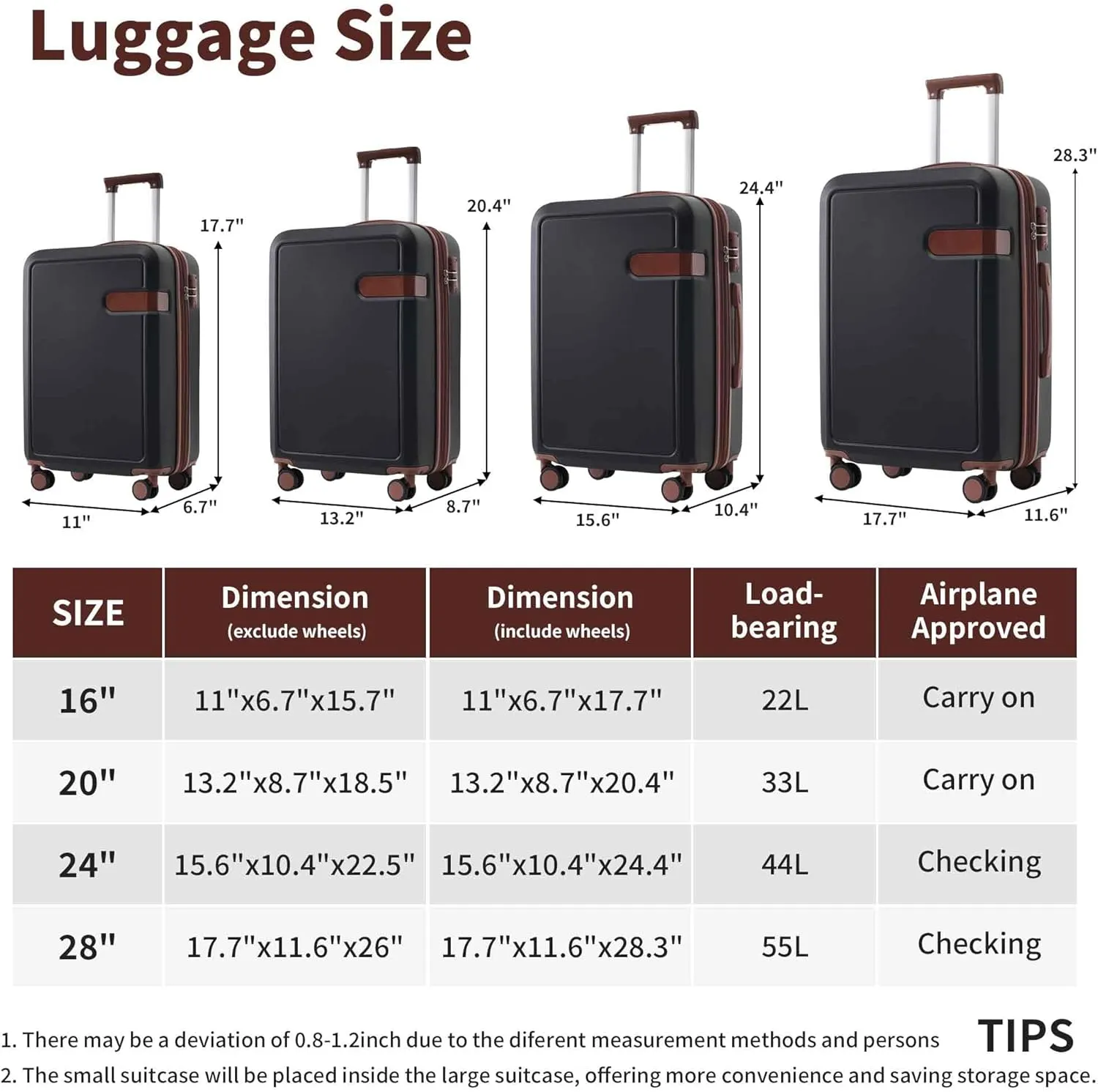4-Piece Expandable Luggage Set with Compression Packing Cubes - 16" 20" 24" 28" Lightweight ABS Suitcases w/TSA Lock, 360 Spinner Wheels, Family Travel Luggage Set (Brown Black)