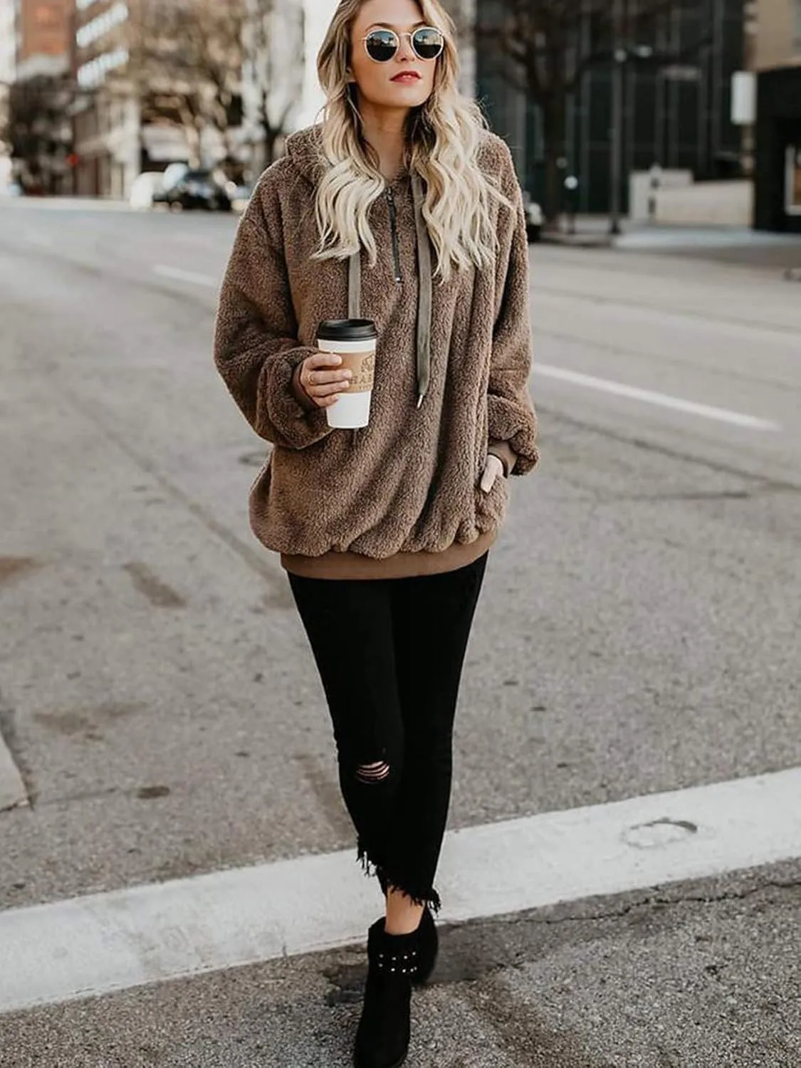 American Trends Womens Athletic Fuzzy Hoodies Sherpa Pullover Hoodie for Women Zip Oversized Plush Hoodie with Pockets