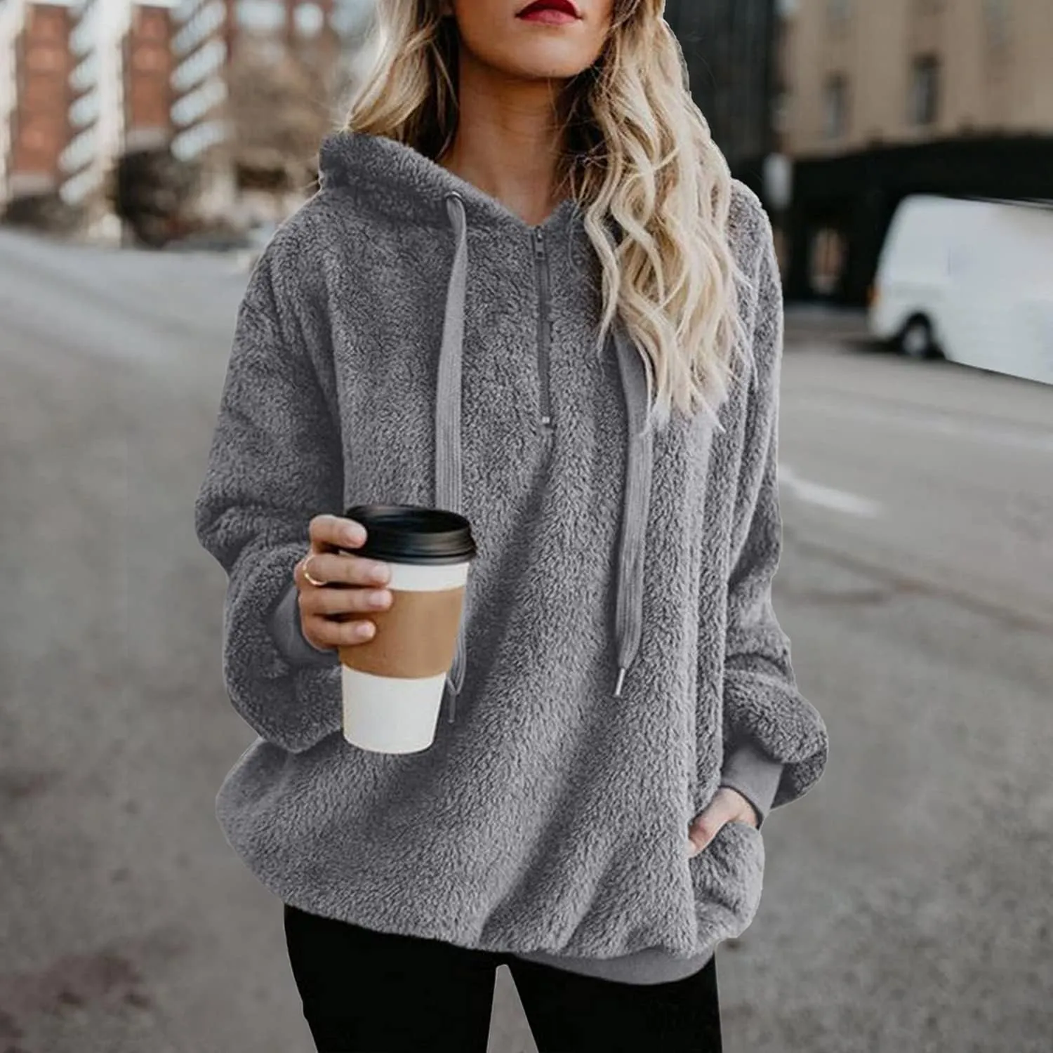 American Trends Womens Athletic Fuzzy Hoodies Sherpa Pullover Hoodie for Women Zip Oversized Plush Hoodie with Pockets