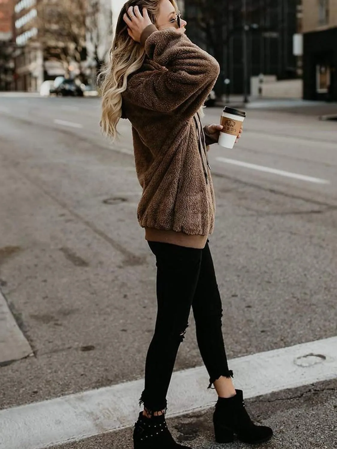 American Trends Womens Athletic Fuzzy Hoodies Sherpa Pullover Hoodie for Women Zip Oversized Plush Hoodie with Pockets