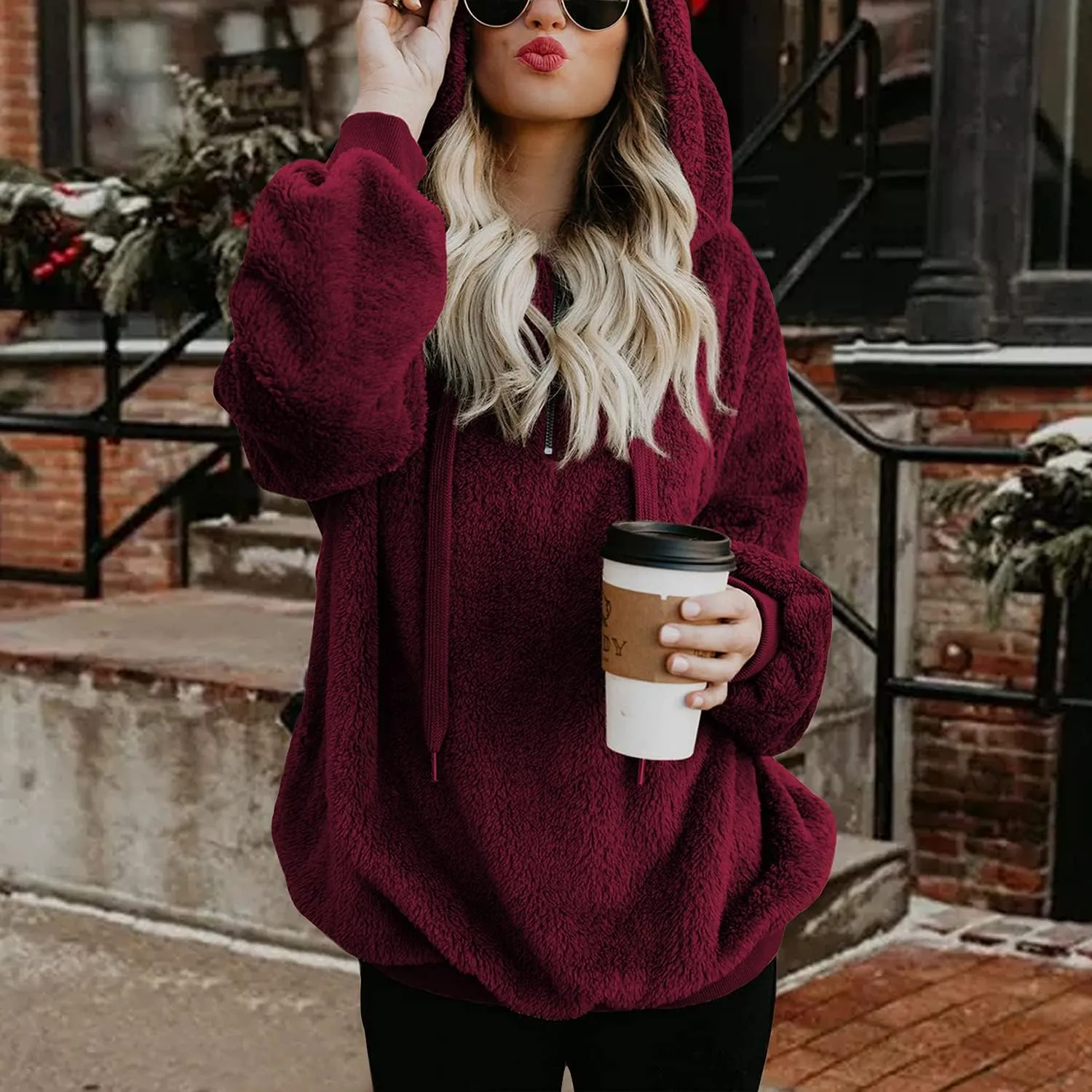 American Trends Womens Athletic Fuzzy Hoodies Sherpa Pullover Hoodie for Women Zip Oversized Plush Hoodie with Pockets