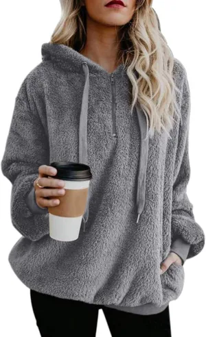 American Trends Womens Athletic Fuzzy Hoodies Sherpa Pullover Hoodie for Women Zip Oversized Plush Hoodie with Pockets