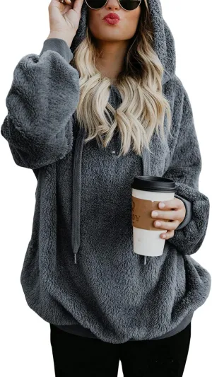 American Trends Womens Athletic Fuzzy Hoodies Sherpa Pullover Hoodie for Women Zip Oversized Plush Hoodie with Pockets