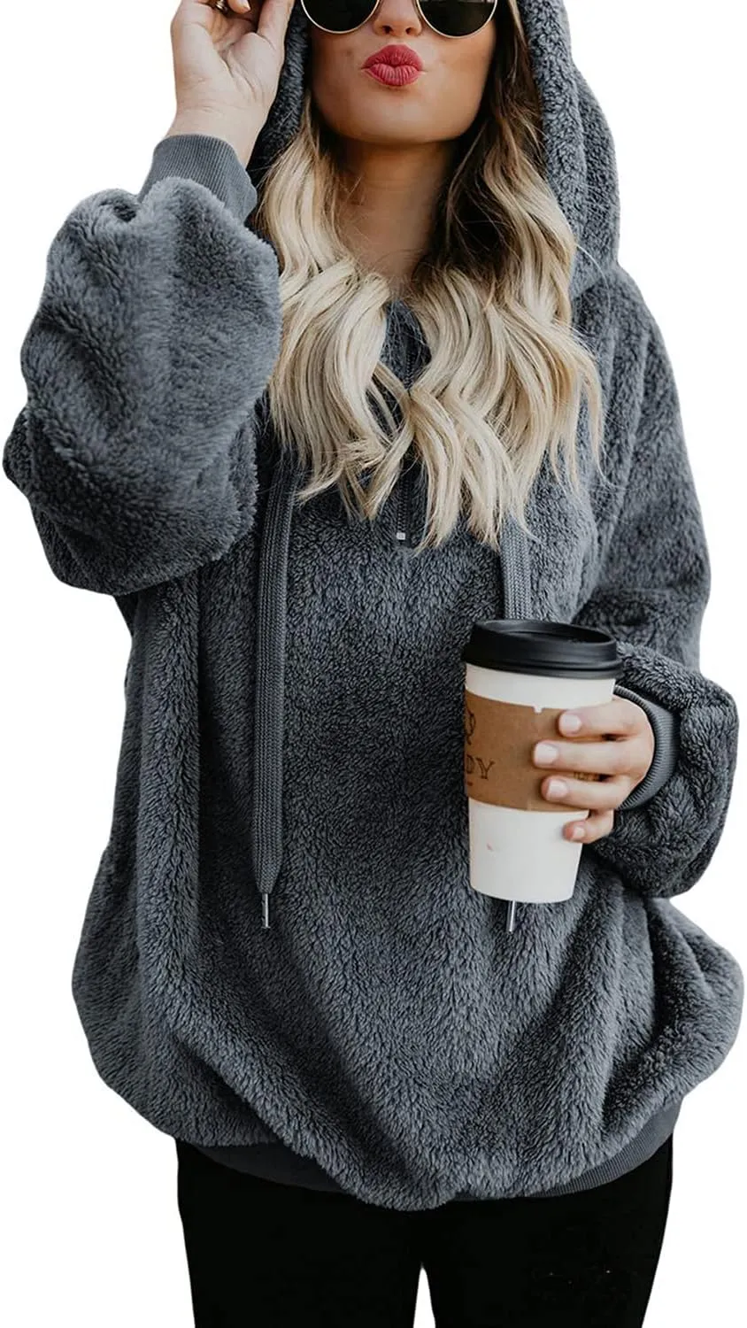 American Trends Womens Athletic Fuzzy Hoodies Sherpa Pullover Hoodie for Women Zip Oversized Plush Hoodie with Pockets