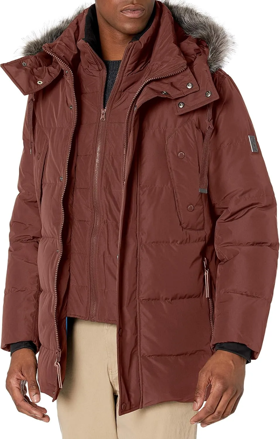 Andrew Marc Men's Gattica Down Parka Jacket with Removable Faux Fur Trimmed Hood and Bib