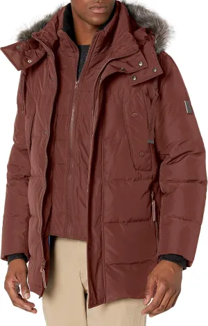 Andrew Marc Men's Gattica Down Parka Jacket with Removable Faux Fur Trimmed Hood and Bib