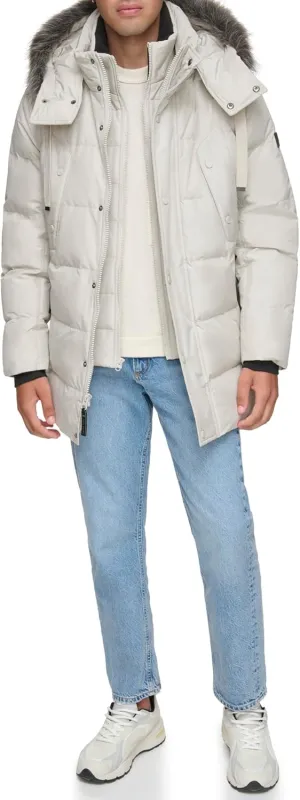 Andrew Marc Men's Gattica Down Parka Jacket with Removable Faux Fur Trimmed Hood and Bib
