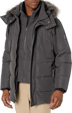 Andrew Marc Men's Gattica Down Parka Jacket with Removable Faux Fur Trimmed Hood and Bib
