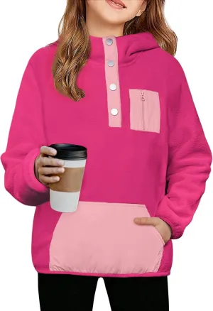 Arshiner Girls Fleece Pullover Hooded Sweatshirt Colorblock Sherpa Hoodie for Teen Girl Winter Button Jacket Coat with Pocket