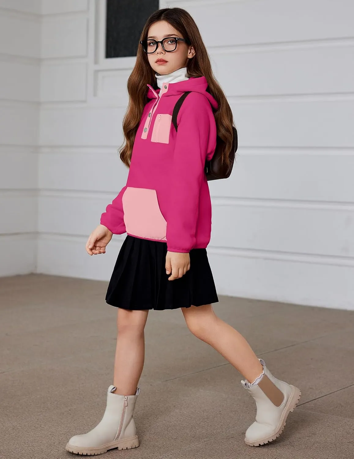 Arshiner Girls Fleece Pullover Hooded Sweatshirt Colorblock Sherpa Hoodie for Teen Girl Winter Button Jacket Coat with Pocket