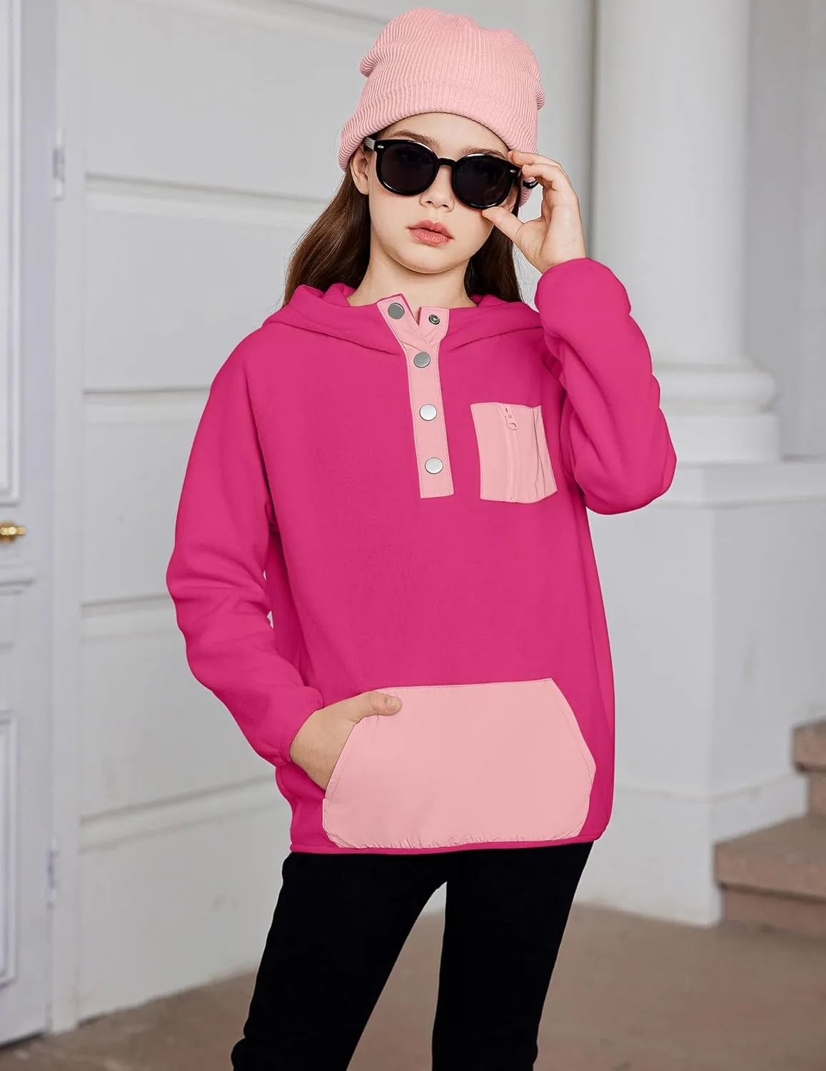 Arshiner Girls Fleece Pullover Hooded Sweatshirt Colorblock Sherpa Hoodie for Teen Girl Winter Button Jacket Coat with Pocket