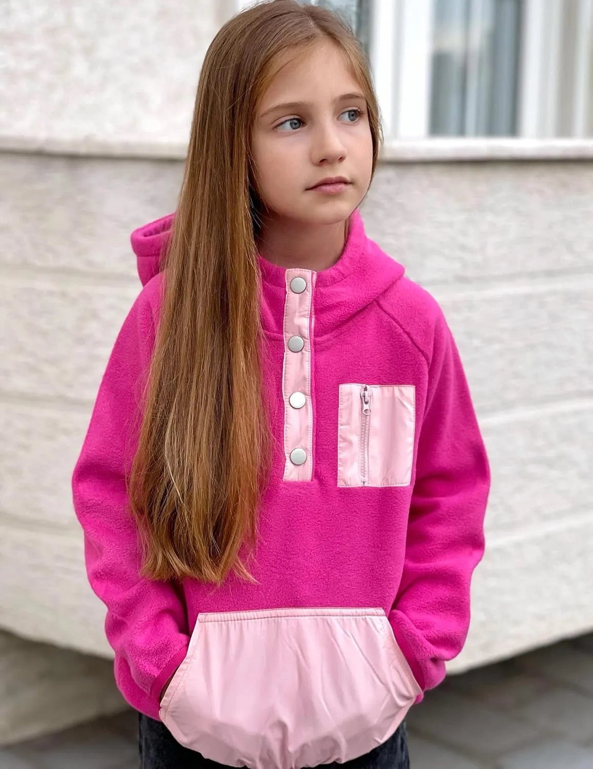 Arshiner Girls Fleece Pullover Hooded Sweatshirt Colorblock Sherpa Hoodie for Teen Girl Winter Button Jacket Coat with Pocket