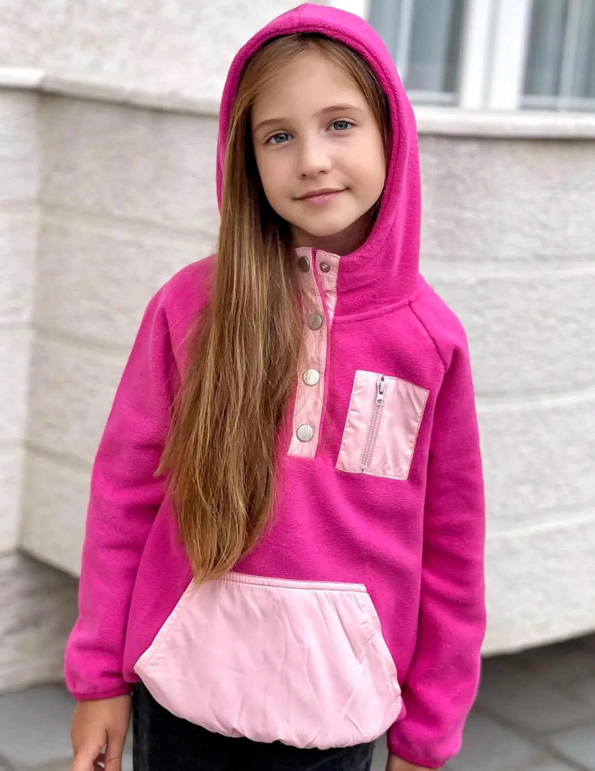 Arshiner Girls Fleece Pullover Hooded Sweatshirt Colorblock Sherpa Hoodie for Teen Girl Winter Button Jacket Coat with Pocket