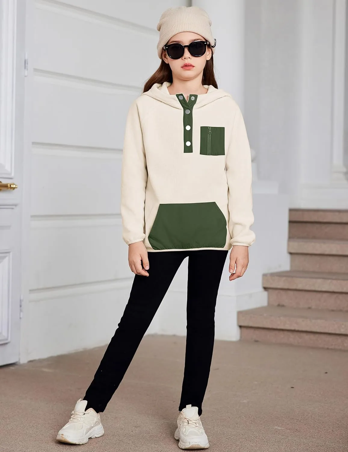 Arshiner Girls Fleece Pullover Hooded Sweatshirt Colorblock Sherpa Hoodie for Teen Girl Winter Button Jacket Coat with Pocket
