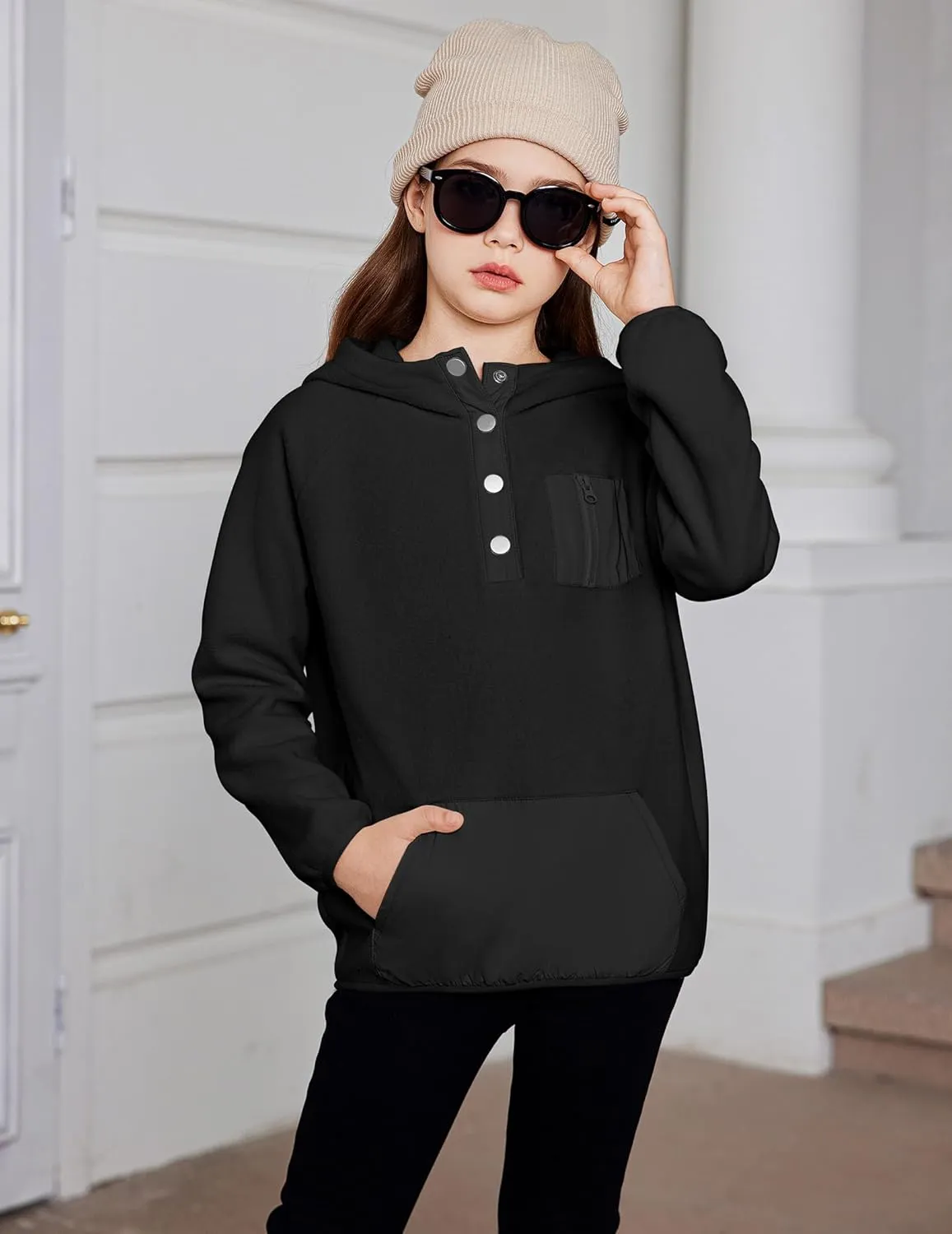 Arshiner Girls Fleece Pullover Hooded Sweatshirt Colorblock Sherpa Hoodie for Teen Girl Winter Button Jacket Coat with Pocket