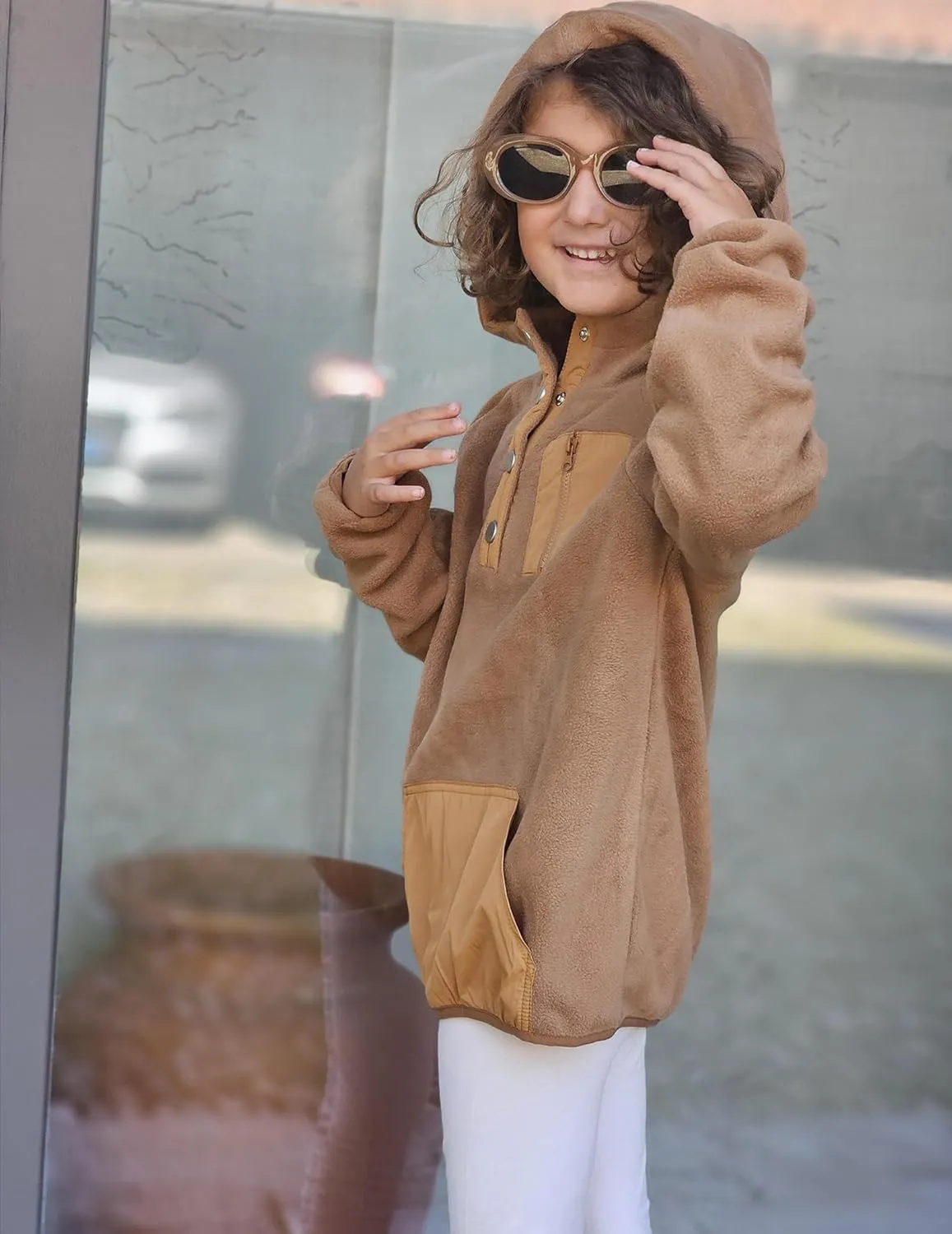 Arshiner Girls Fleece Pullover Hooded Sweatshirt Colorblock Sherpa Hoodie for Teen Girl Winter Button Jacket Coat with Pocket