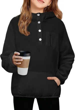 Arshiner Girls Fleece Pullover Hooded Sweatshirt Colorblock Sherpa Hoodie for Teen Girl Winter Button Jacket Coat with Pocket