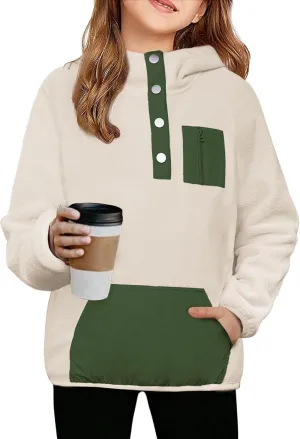 Arshiner Girls Fleece Pullover Hooded Sweatshirt Colorblock Sherpa Hoodie for Teen Girl Winter Button Jacket Coat with Pocket