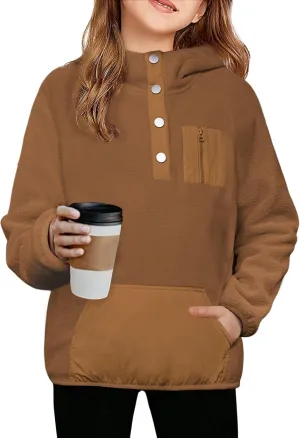 Arshiner Girls Fleece Pullover Hooded Sweatshirt Colorblock Sherpa Hoodie for Teen Girl Winter Button Jacket Coat with Pocket