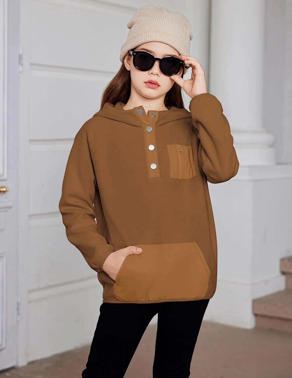 Arshiner Girls Fleece Pullover Hooded Sweatshirt Colorblock Sherpa Hoodie for Teen Girl Winter Button Jacket Coat with Pocket