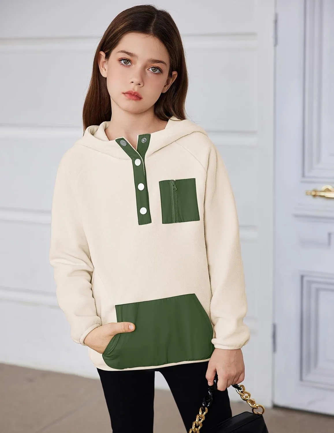 Arshiner Girls Fleece Pullover Hooded Sweatshirt Colorblock Sherpa Hoodie for Teen Girl Winter Button Jacket Coat with Pocket