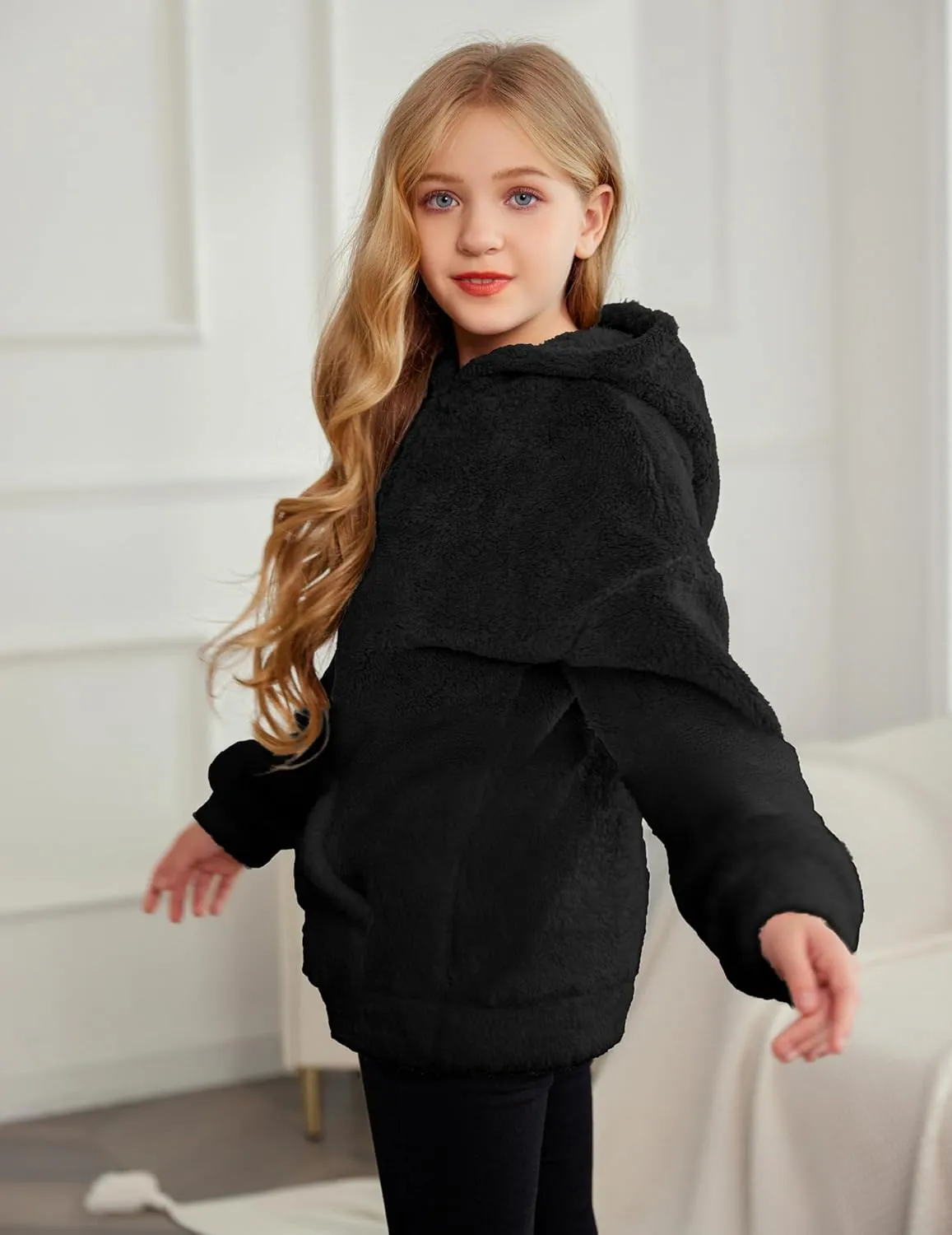 Arshiner Girls Hoodie Sherpa Fleece Pullover Hooded Sweatshirt for Girl Button Up Casual Outerwear Coat With Pockets