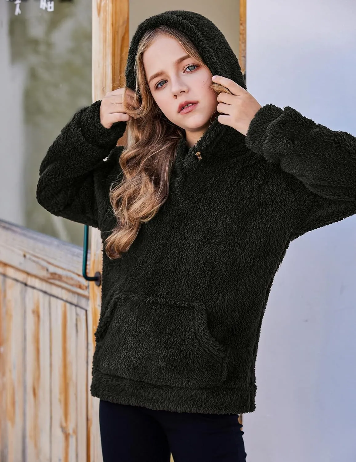 Arshiner Girls Hoodie Sherpa Fleece Pullover Hooded Sweatshirt for Girl Button Up Casual Outerwear Coat With Pockets
