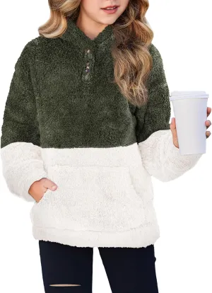 Arshiner Girls Hoodie Sherpa Fleece Pullover Hooded Sweatshirt for Girl Button Up Casual Outerwear Coat With Pockets