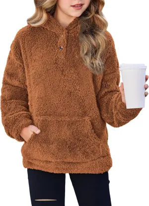 Arshiner Girls Hoodie Sherpa Fleece Pullover Hooded Sweatshirt for Girl Button Up Casual Outerwear Coat With Pockets