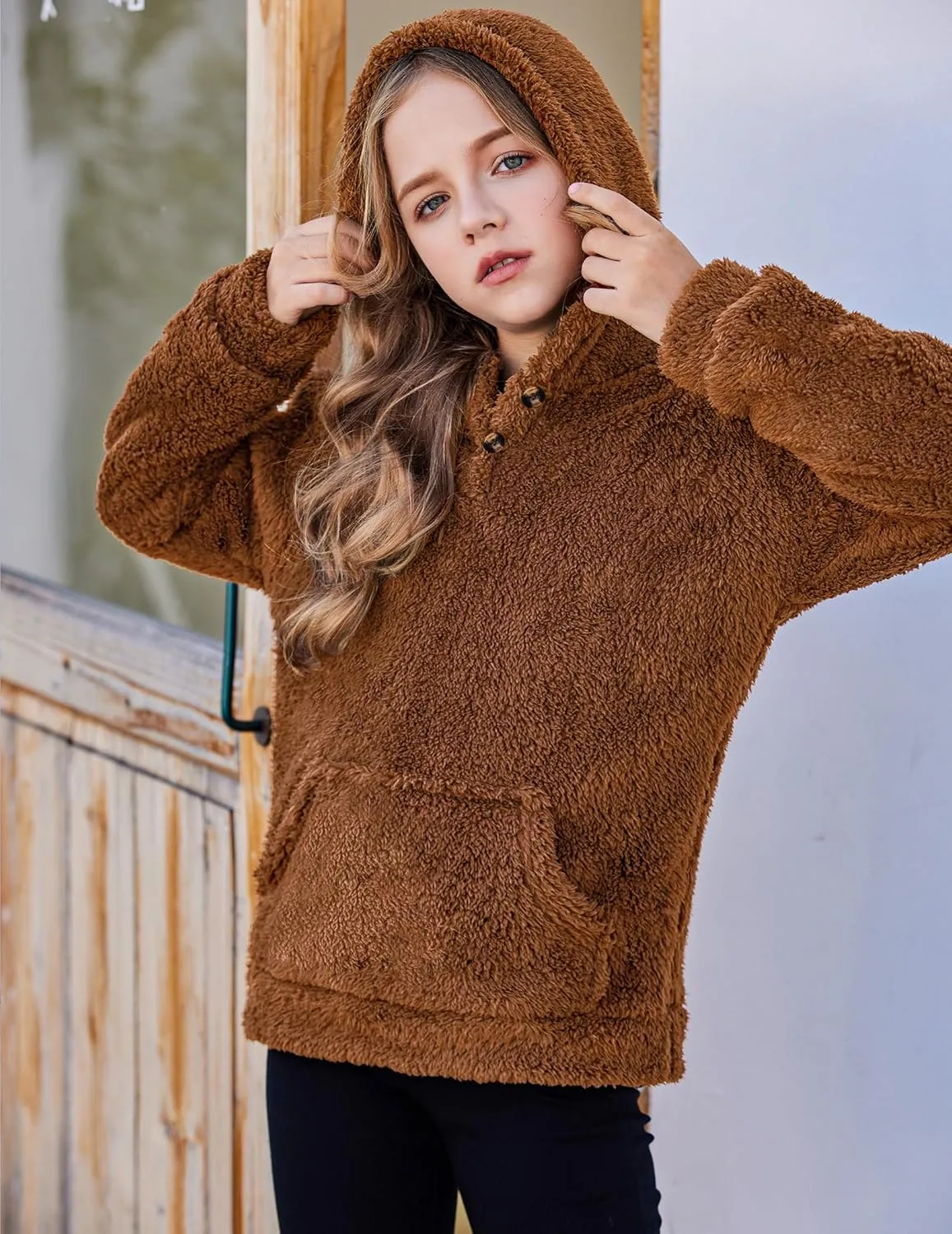 Arshiner Girls Hoodie Sherpa Fleece Pullover Hooded Sweatshirt for Girl Button Up Casual Outerwear Coat With Pockets
