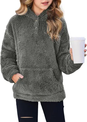 Arshiner Girls Hoodie Sherpa Fleece Pullover Hooded Sweatshirt for Girl Button Up Casual Outerwear Coat With Pockets