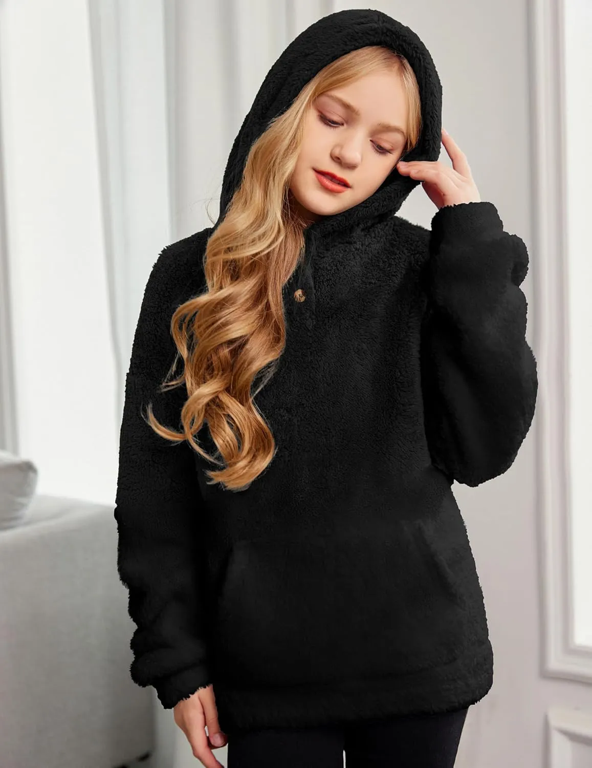 Arshiner Girls Hoodie Sherpa Fleece Pullover Hooded Sweatshirt for Girl Button Up Casual Outerwear Coat With Pockets