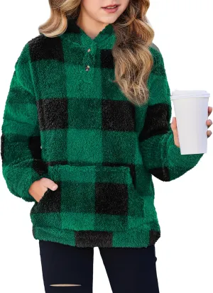 Arshiner Girls Hoodie Sherpa Fleece Pullover Hooded Sweatshirt for Girl Button Up Casual Outerwear Coat With Pockets