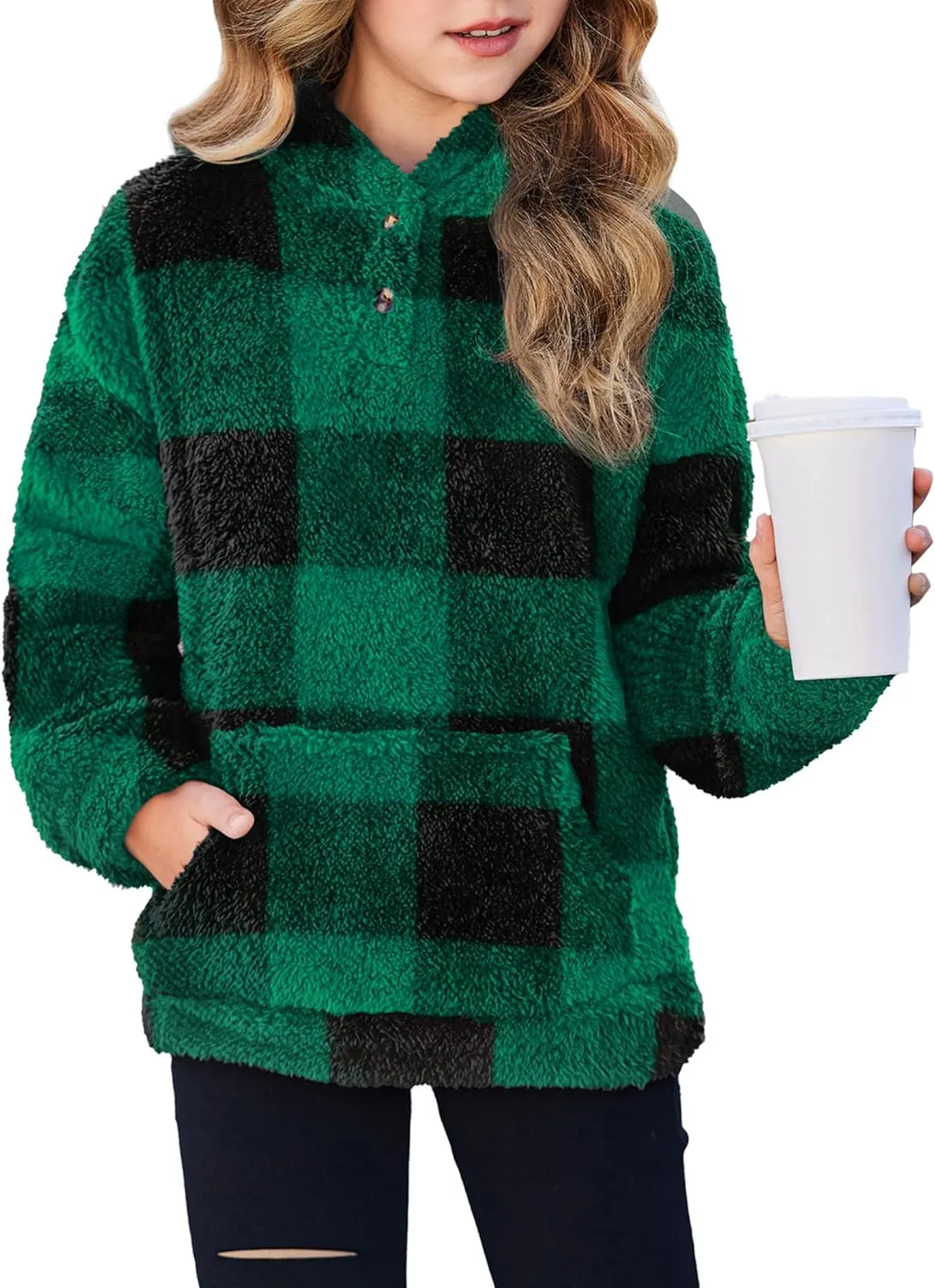 Arshiner Girls Hoodie Sherpa Fleece Pullover Hooded Sweatshirt for Girl Button Up Casual Outerwear Coat With Pockets