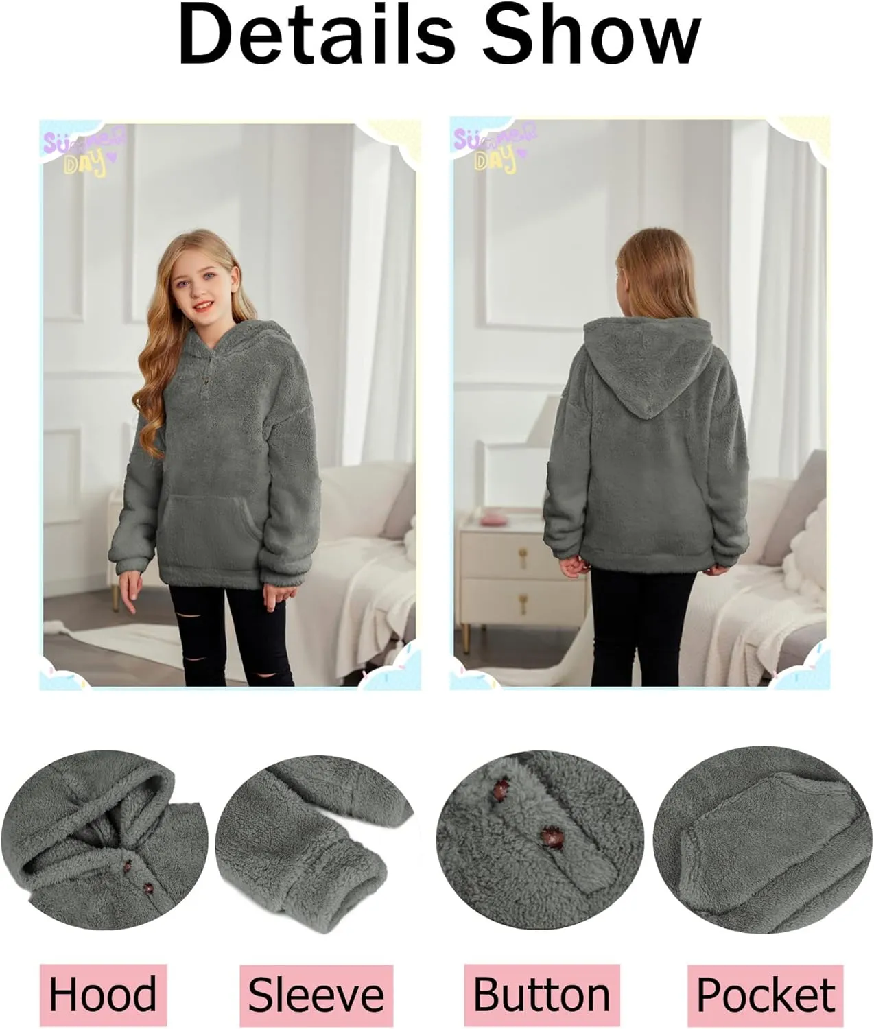 Arshiner Girls Hoodie Sherpa Fleece Pullover Hooded Sweatshirt for Girl Button Up Casual Outerwear Coat With Pockets