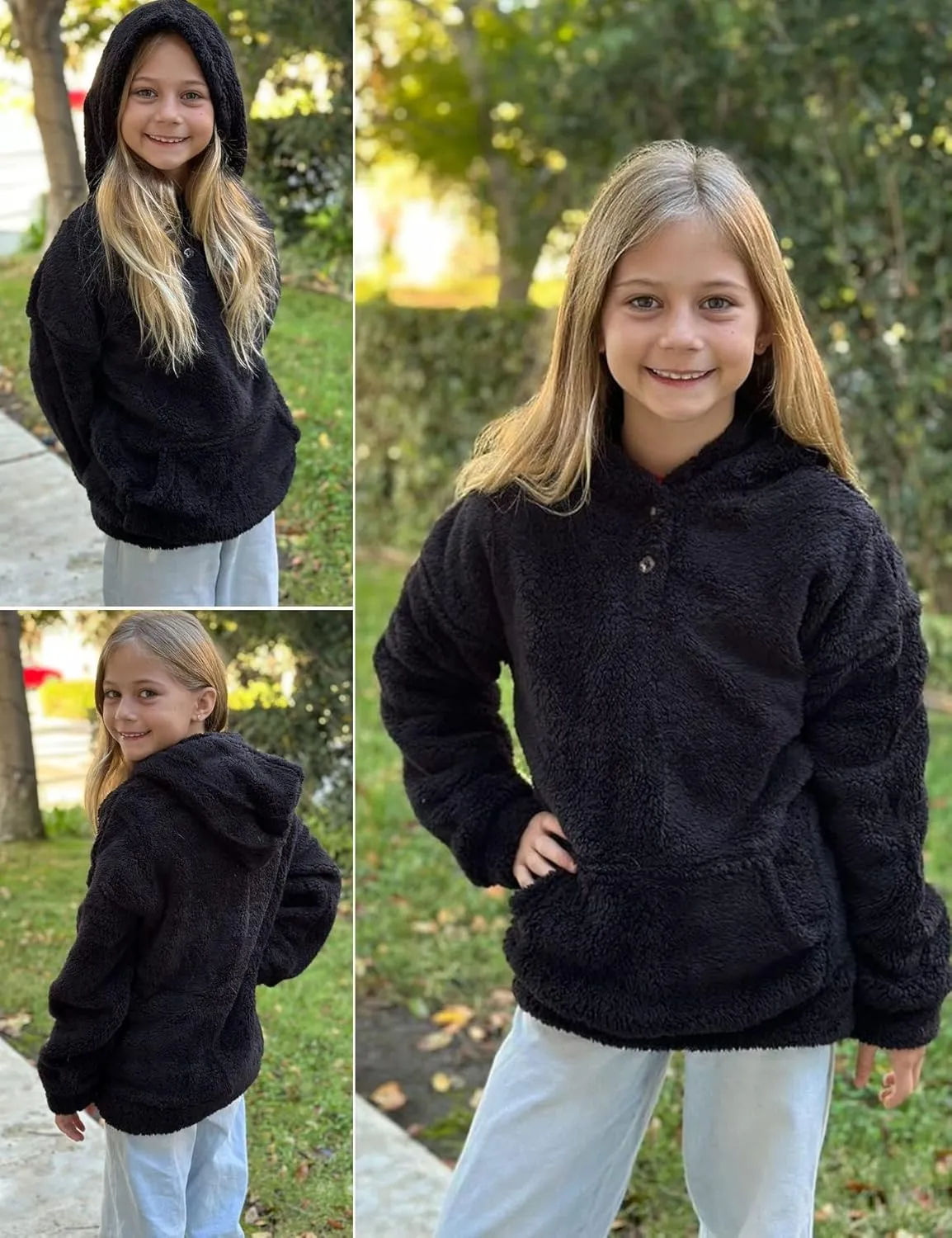 Arshiner Girls Hoodie Sherpa Fleece Pullover Hooded Sweatshirt for Girl Button Up Casual Outerwear Coat With Pockets