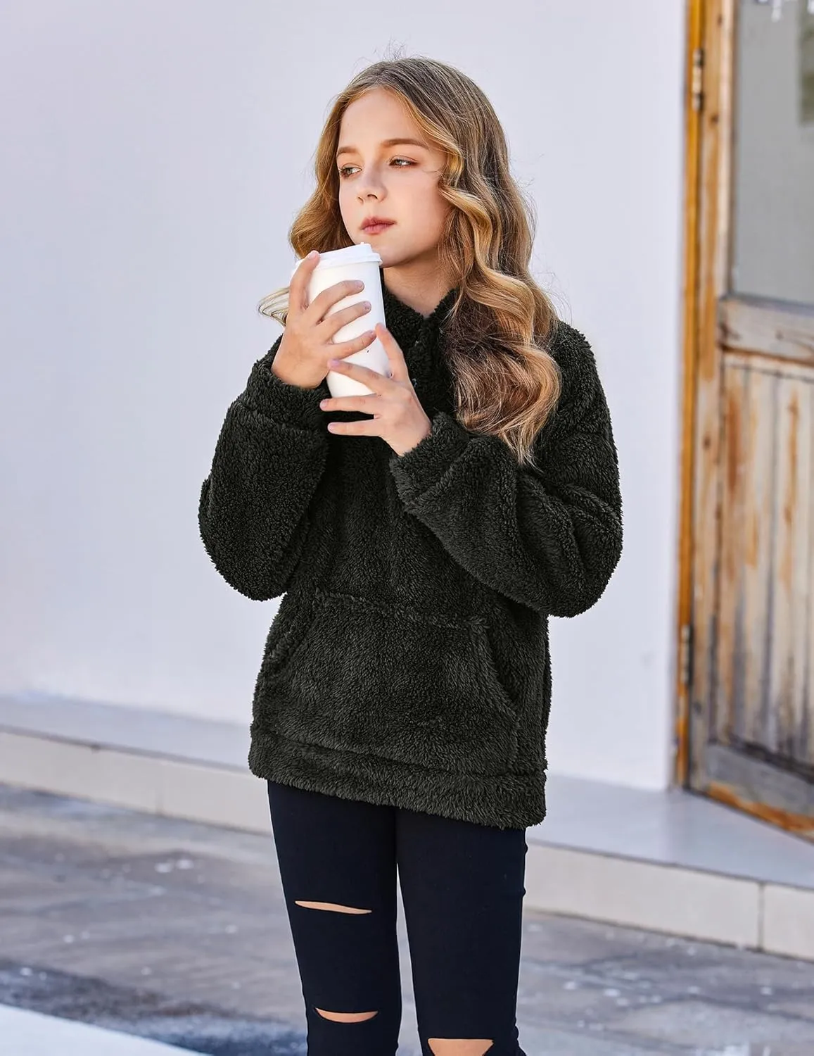 Arshiner Girls Hoodie Sherpa Fleece Pullover Hooded Sweatshirt for Girl Button Up Casual Outerwear Coat With Pockets