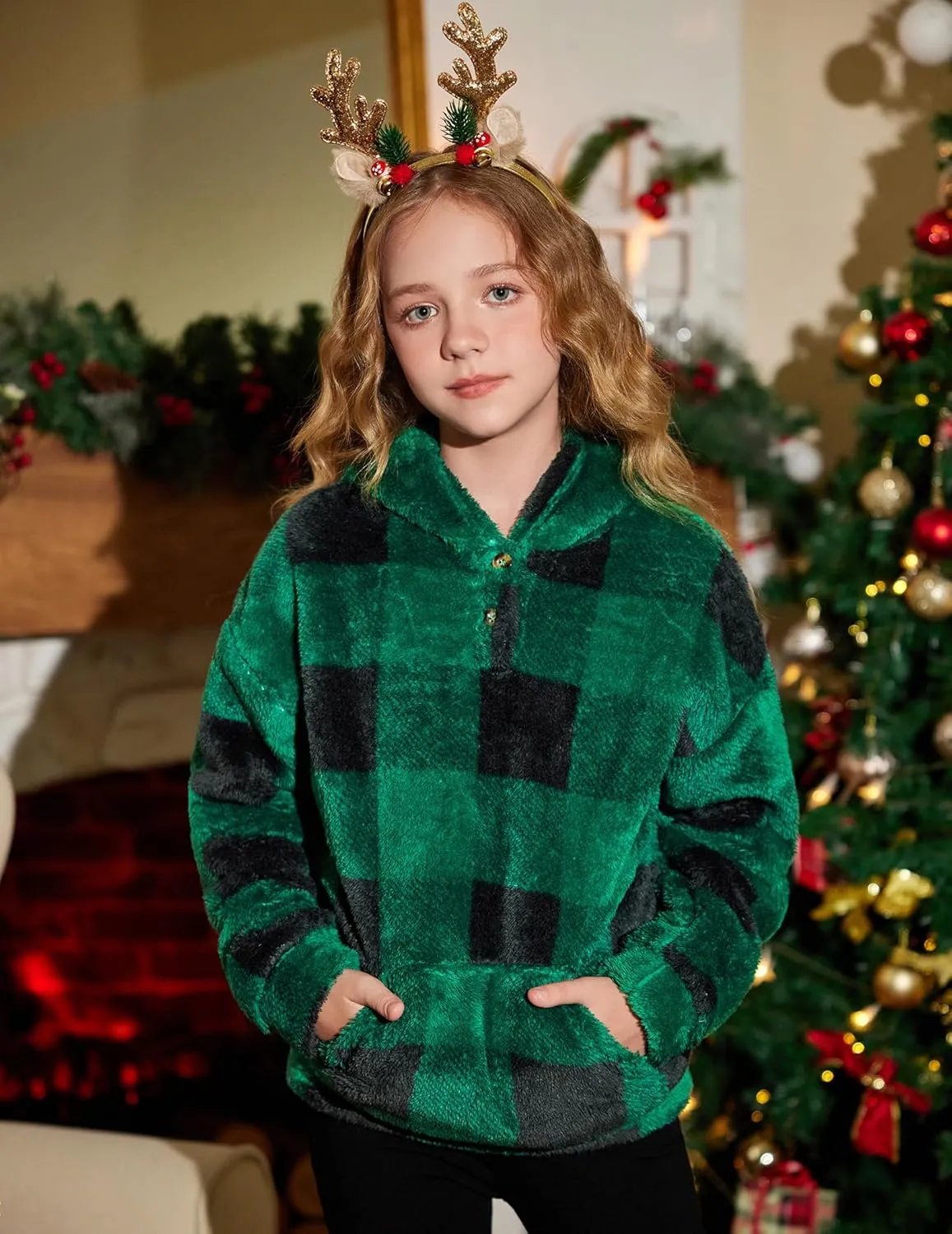 Arshiner Girls Hoodie Sherpa Fleece Pullover Hooded Sweatshirt for Girl Button Up Casual Outerwear Coat With Pockets