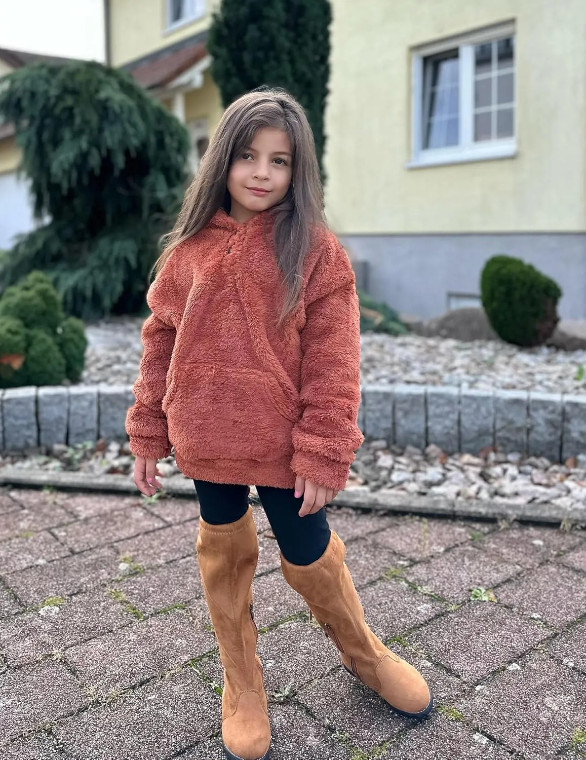 Arshiner Girls Hoodie Sherpa Fleece Pullover Hooded Sweatshirt for Girl Button Up Casual Outerwear Coat With Pockets