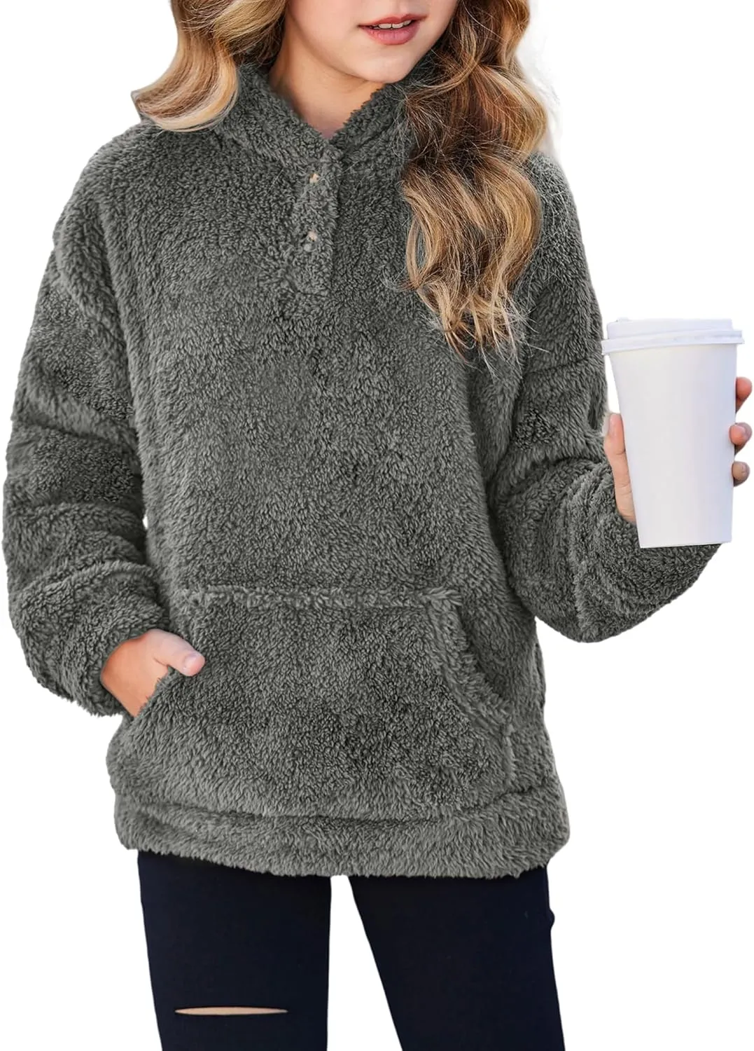 Arshiner Girls Hoodie Sherpa Fleece Pullover Hooded Sweatshirt for Girl Button Up Casual Outerwear Coat With Pockets