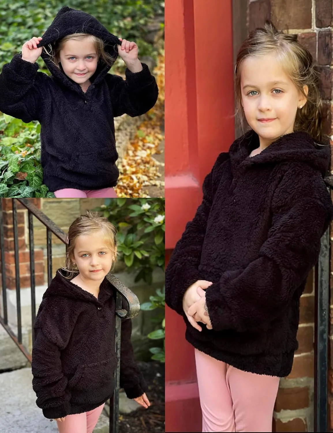Arshiner Girls Hoodie Sherpa Fleece Pullover Hooded Sweatshirt for Girl Button Up Casual Outerwear Coat With Pockets