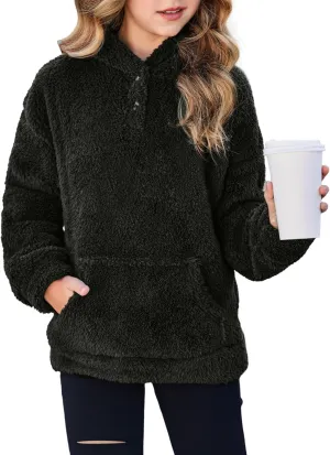 Arshiner Girls Hoodie Sherpa Fleece Pullover Hooded Sweatshirt for Girl Button Up Casual Outerwear Coat With Pockets