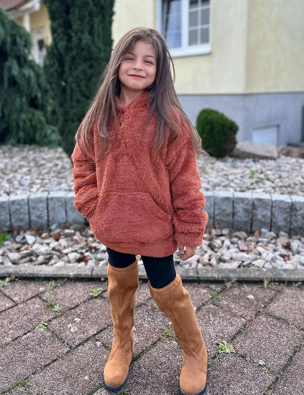 Arshiner Girls Hoodie Sherpa Fleece Pullover Hooded Sweatshirt for Girl Button Up Casual Outerwear Coat With Pockets
