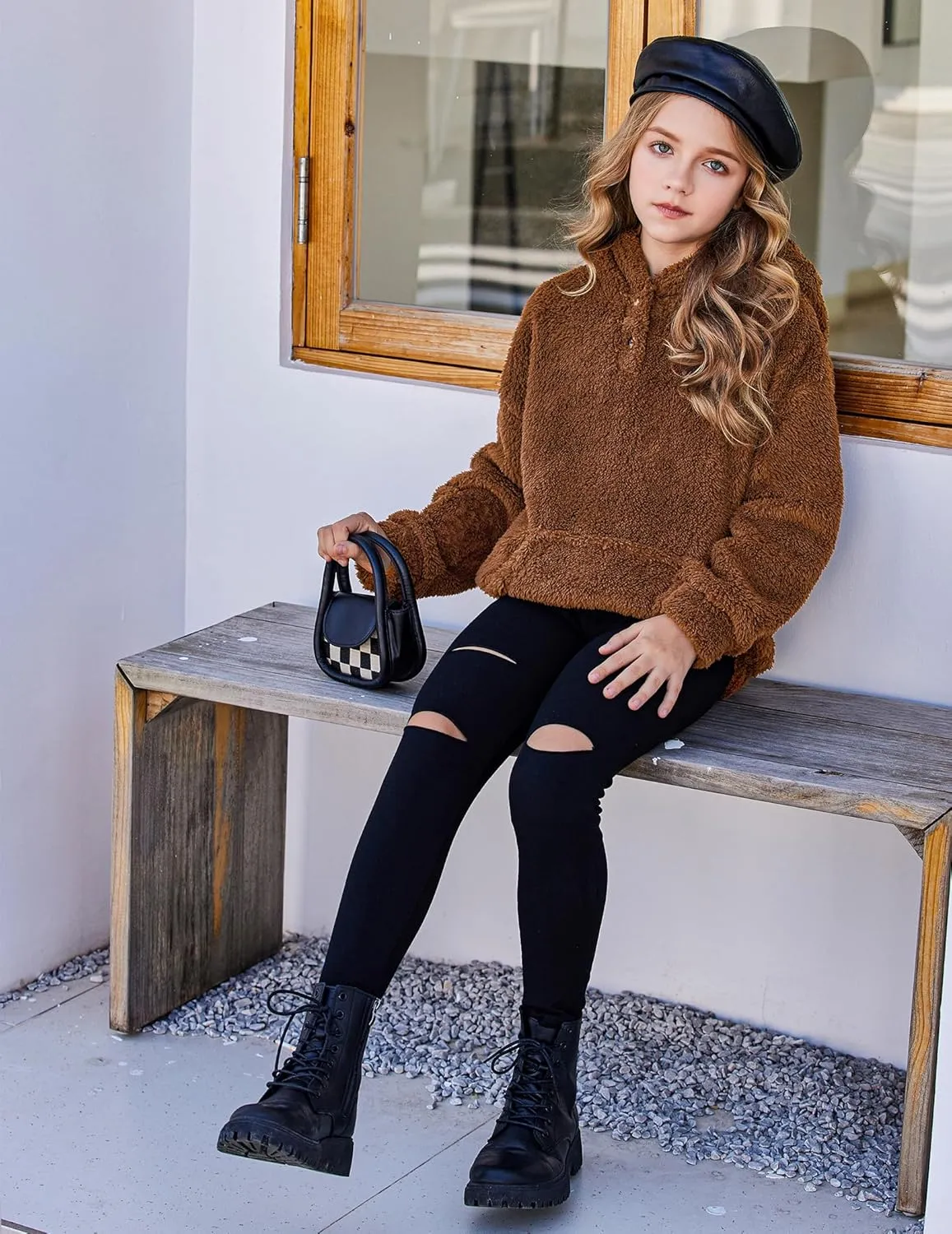 Arshiner Girls Hoodie Sherpa Fleece Pullover Hooded Sweatshirt for Girl Button Up Casual Outerwear Coat With Pockets