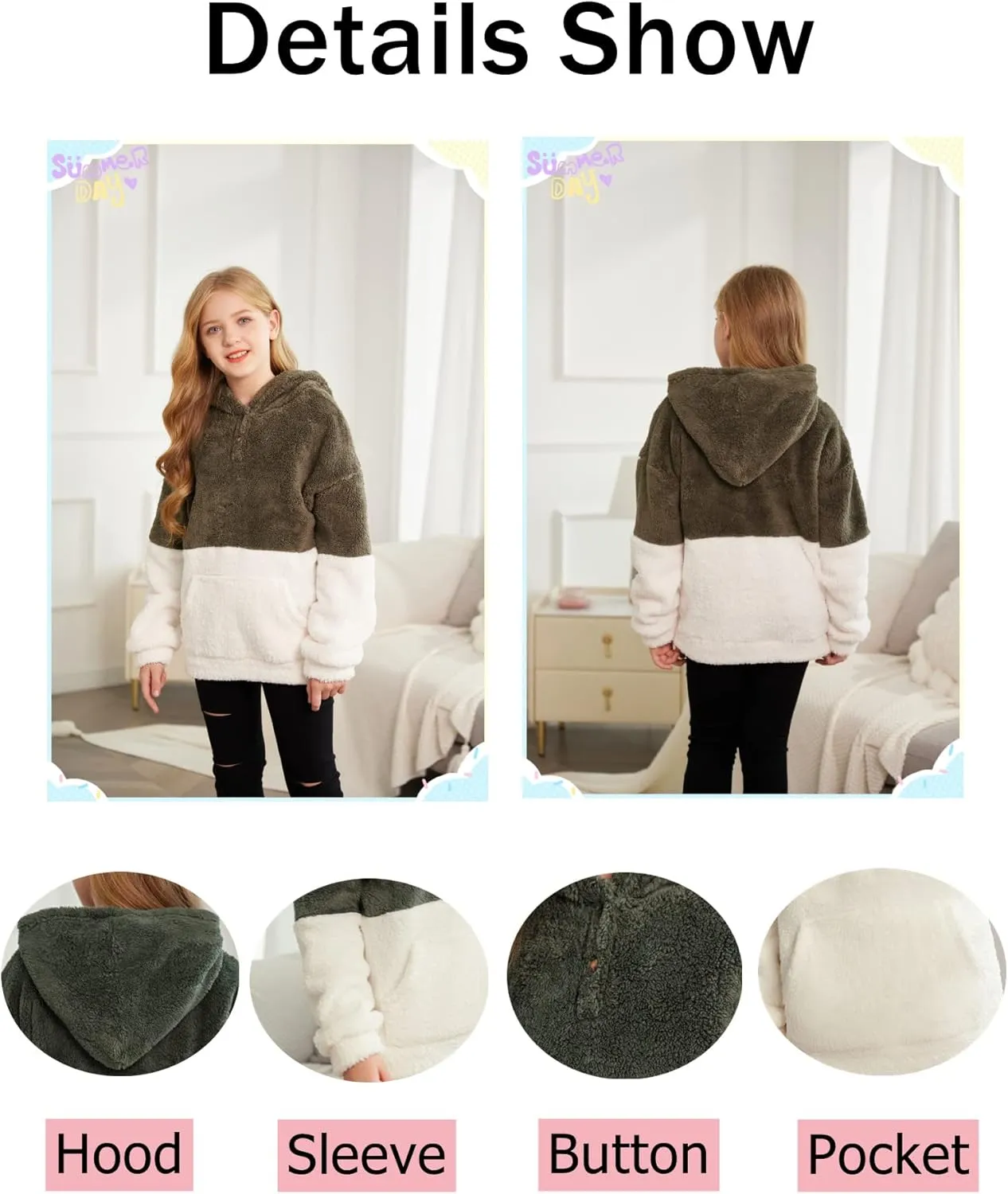 Arshiner Girls Hoodie Sherpa Fleece Pullover Hooded Sweatshirt for Girl Button Up Casual Outerwear Coat With Pockets