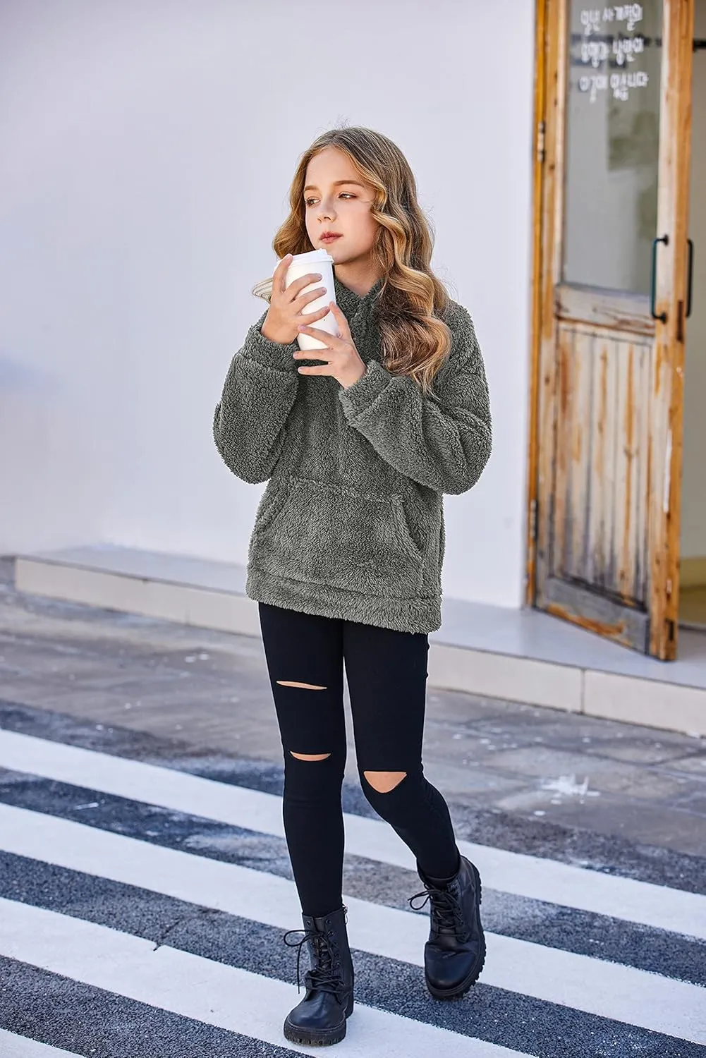 Arshiner Girls Hoodie Sherpa Fleece Pullover Hooded Sweatshirt for Girl Button Up Casual Outerwear Coat With Pockets