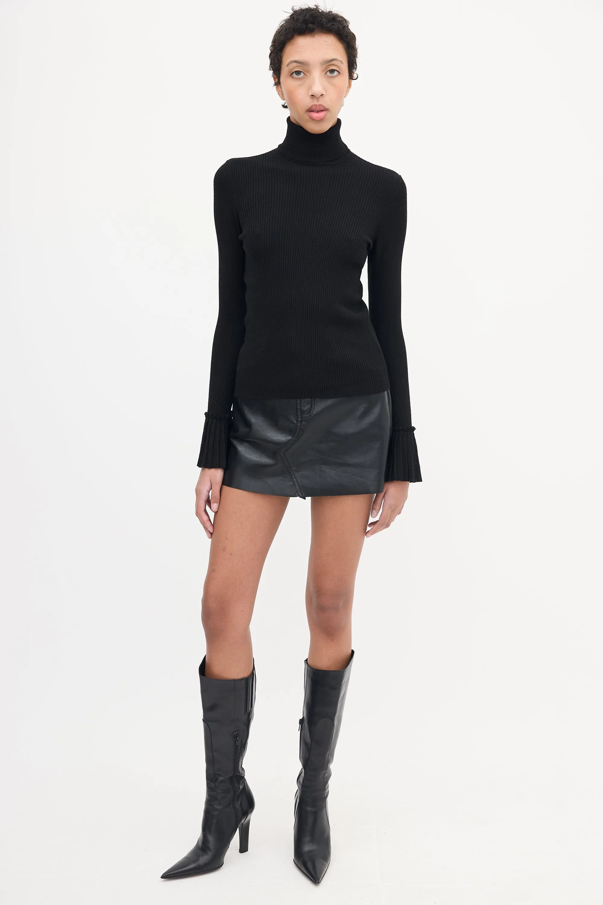 Black Pleated Cuff Turtleneck Top