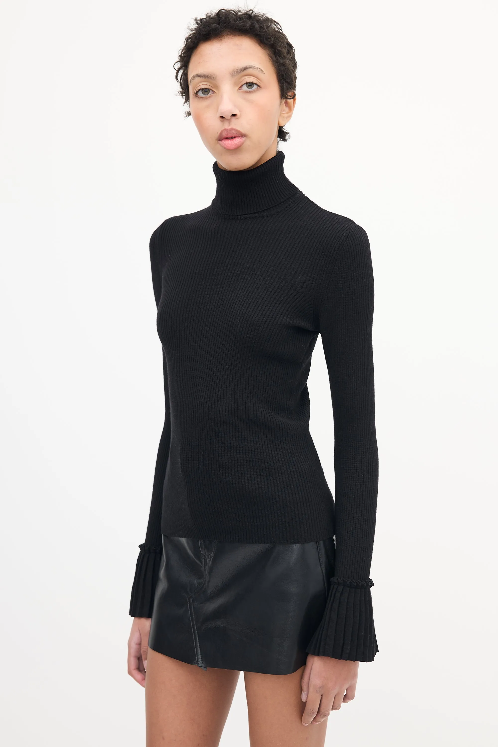 Black Pleated Cuff Turtleneck Top